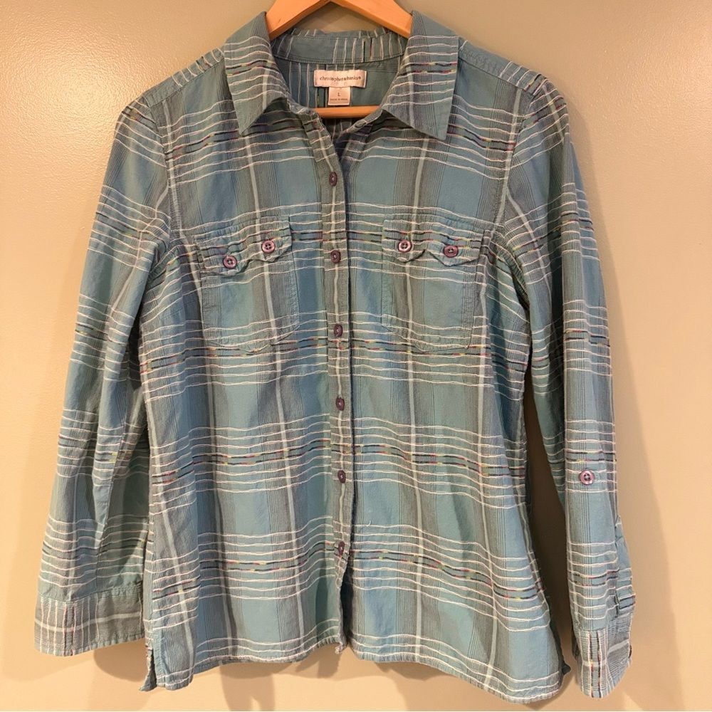 Christopher & Banks Blue Textured Button Down Shirt Roll Tab Sleeves Women L Y2K